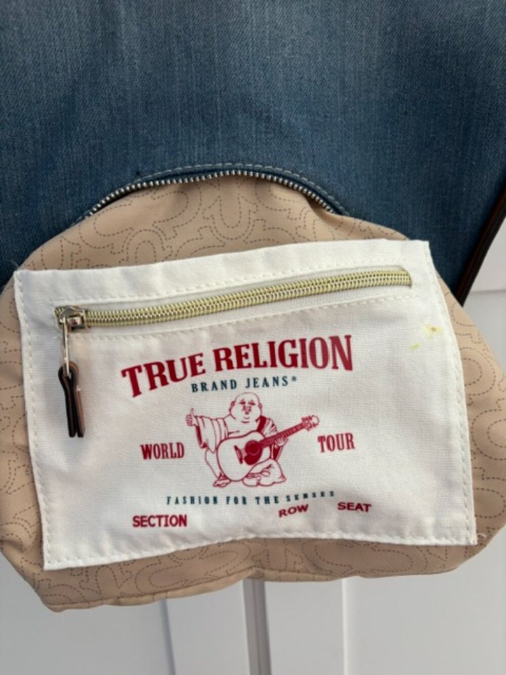 TRUE RELIGION DARK DENIM HOBO Shoulder Bag~ Brown Trim~Horseshoe pocket~NWOT - Picture 6 of 8